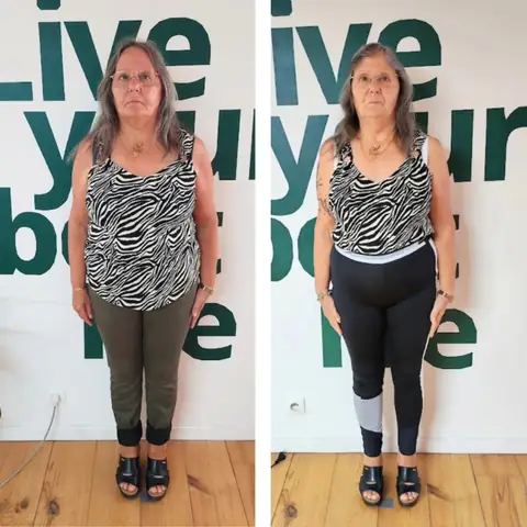 Une membre du club Sunrise nutrition en montage avant et après, vue de face