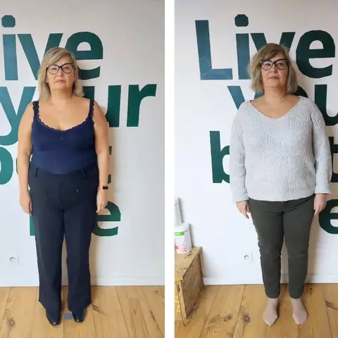 Une membre du club Sunrise nutrition en montage avant et après, vue de face