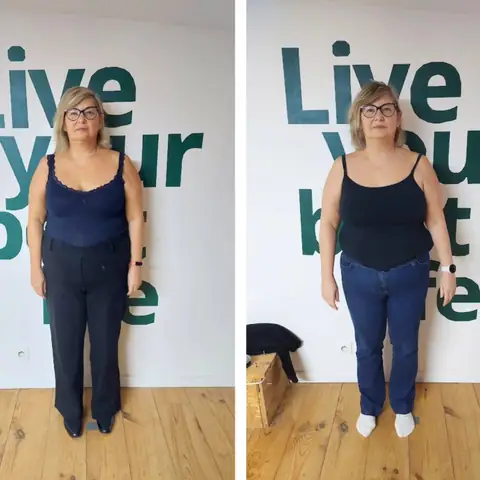Une membre du club Sunrise nutrition en montage avant et après, vue de face