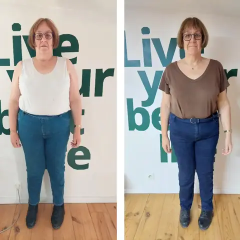 Une membre du club Sunrise nutrition en montage avant et après, vue de face