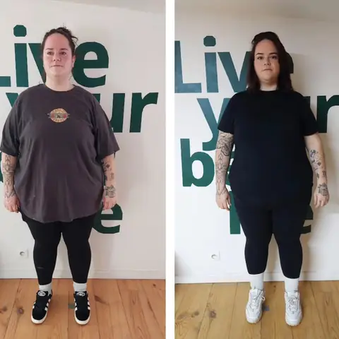 Une membre du club Sunrise nutrition en montage avant et après, vue de face
