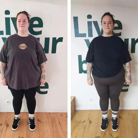 Une membre du club Sunrise nutrition en montage avant et après, vue de face