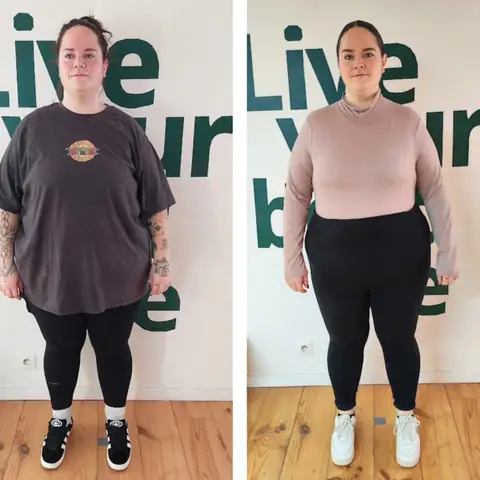 Une membre du club Sunrise nutrition en montage avant et après, vue de face
