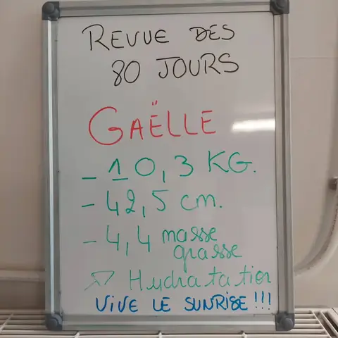 Souriante, une membre brandit l’ardoise où son bilan est écrit