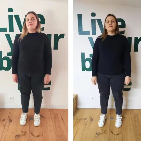 Une membre du club Sunrise nutrition en montage avant et après, vue de face