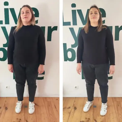 Une membre du club Sunrise nutrition en montage avant et après, vue de face