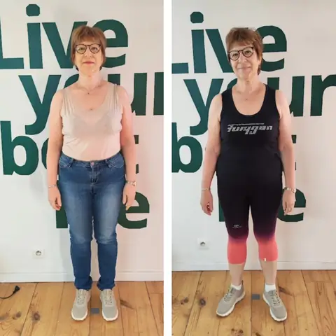 Une membre du club Sunrise nutrition en montage avant et après, vue de face