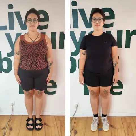 Une membre du club Sunrise nutrition en montage avant et après, vue de face