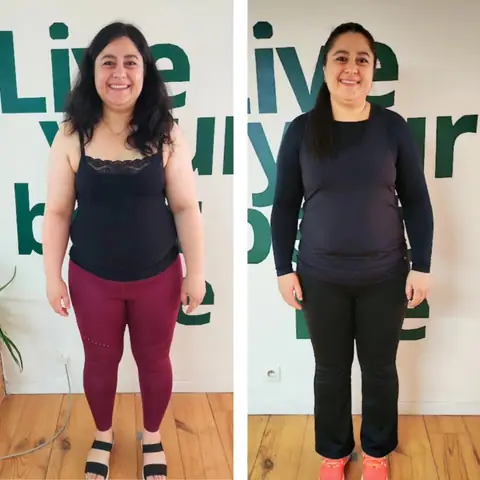Une membre du club Sunrise nutrition en montage avant et après, vue de face