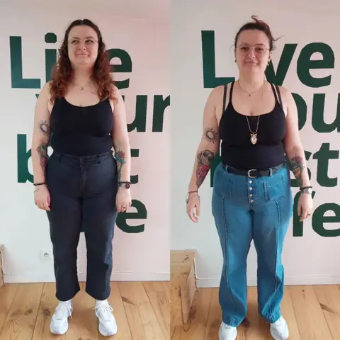 Une membre du club Sunrise nutrition en montage avant et après, vue de face