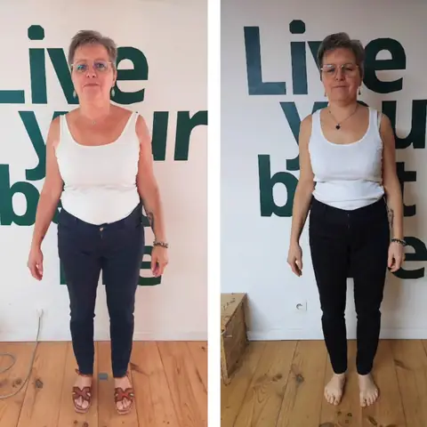 Une membre du club Sunrise nutrition en montage avant et après, vue de face