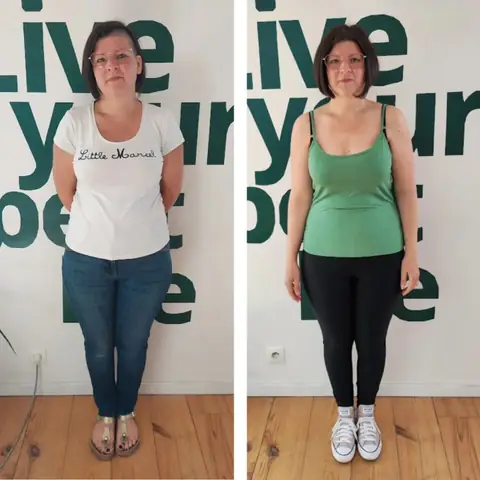 Une membre du club Sunrise nutrition en montage avant et après, vue de face